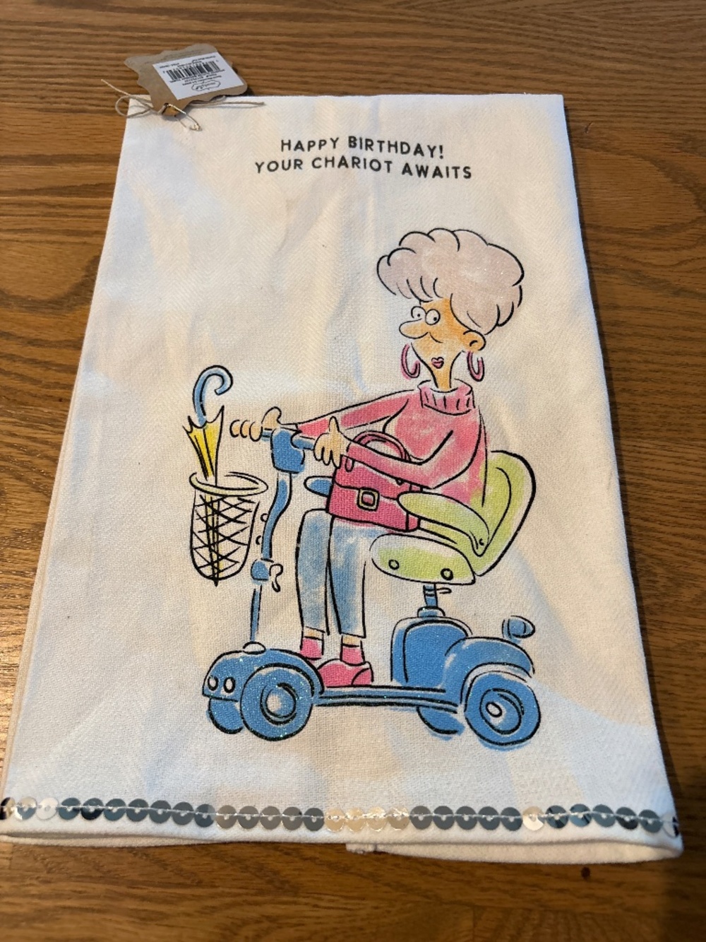 Mud pie Tea towel Birthday humor sequins
